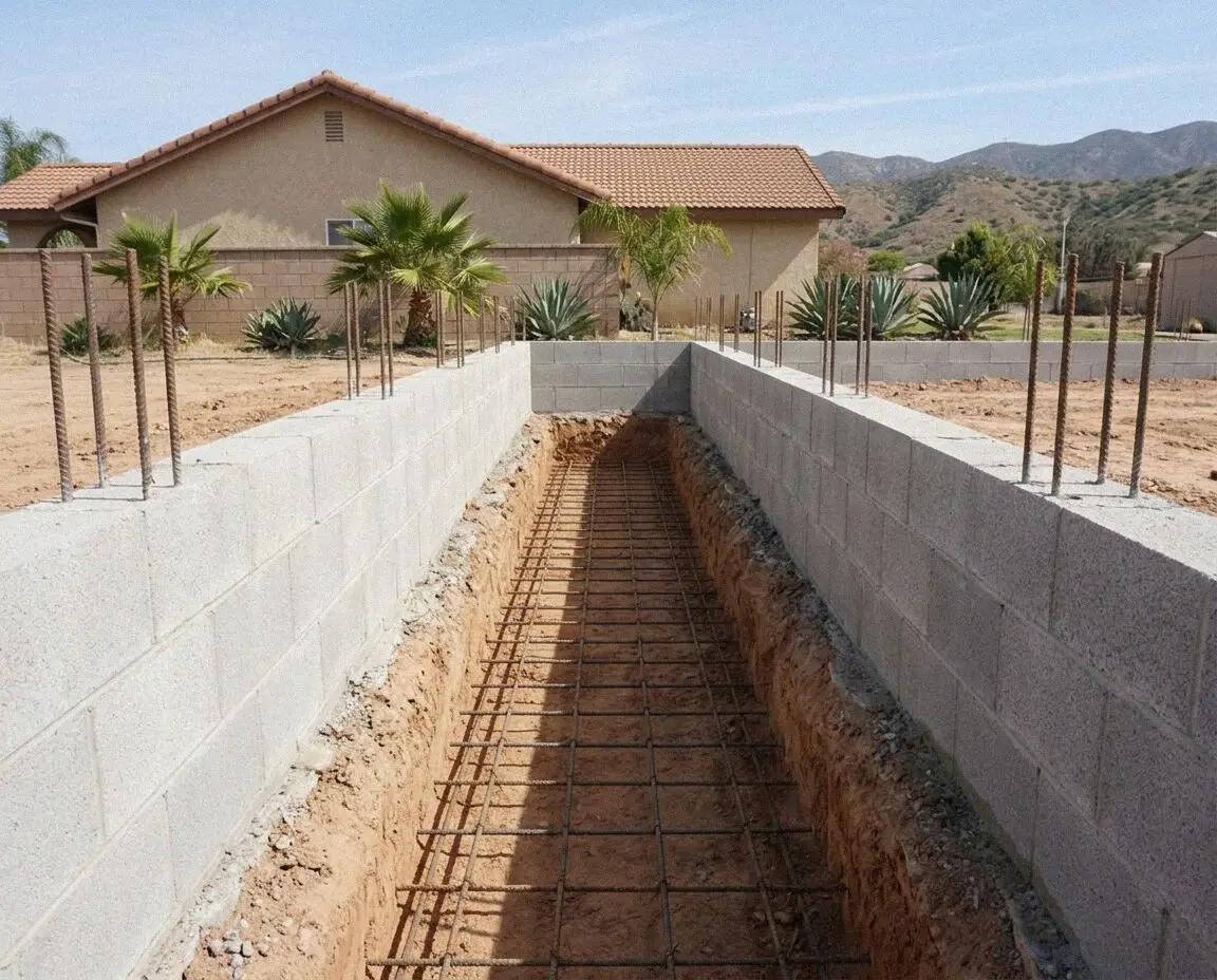 Excavated trench and rebar for concrete footings at a Pomona home
