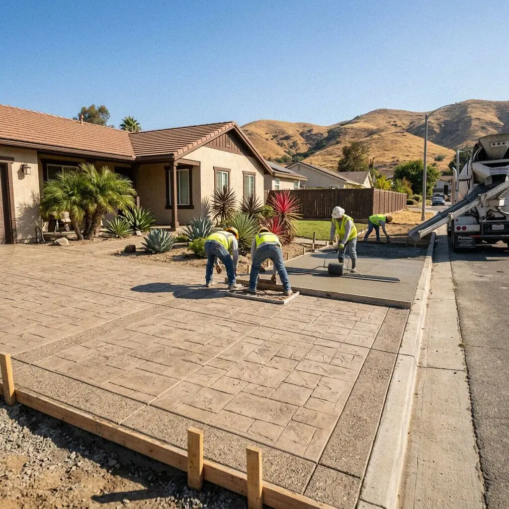 Pomona Concrete Pro crew pouring a driveway at a Pomona home