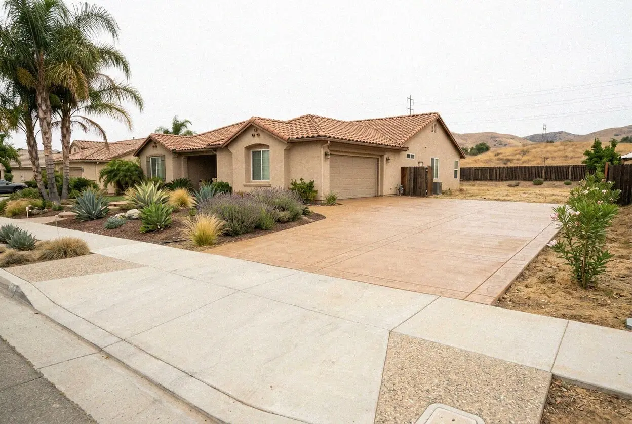 Finished concrete driveway beside a 1920s bungalow in Pomona