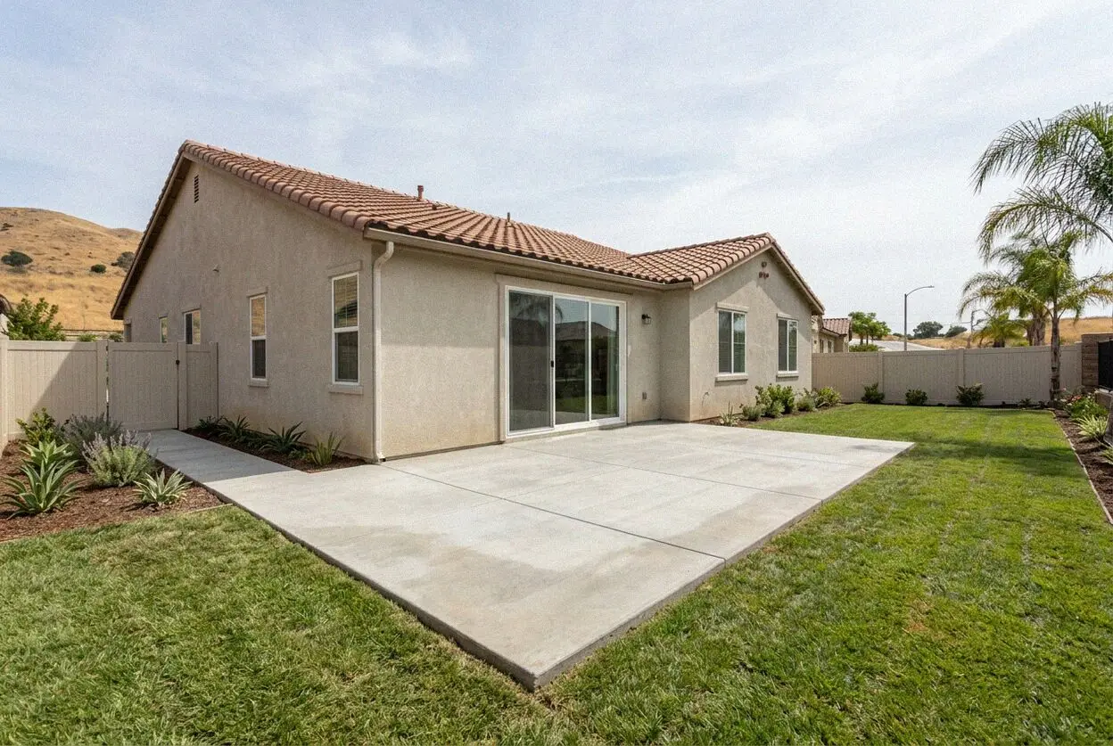 Broom-finished concrete patio behind a Phillips Ranch home in Pomona