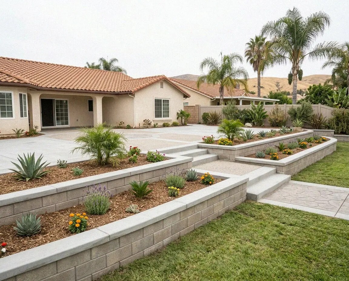 Poured concrete retaining wall on a terraced residential yard in Pomona