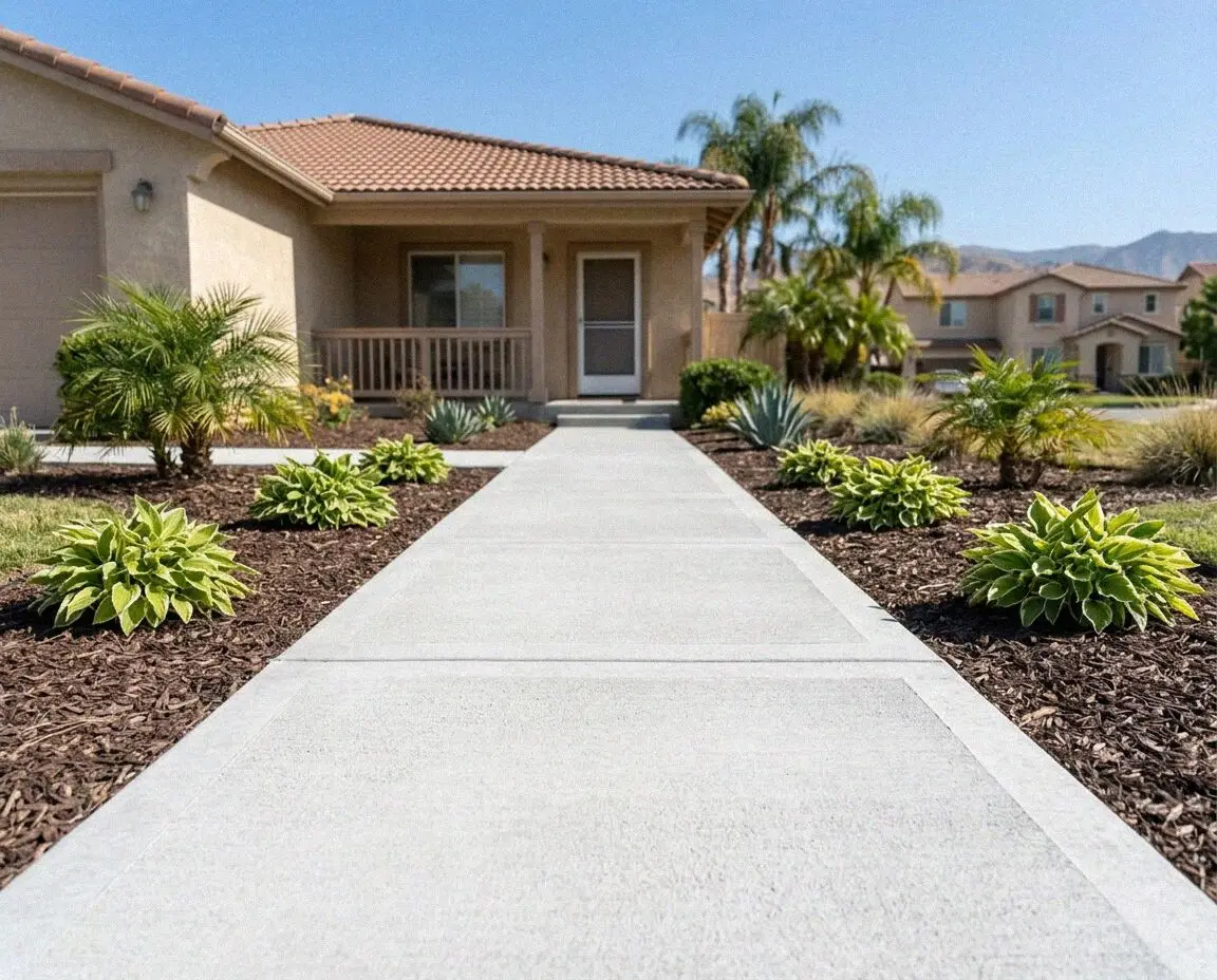 Freshly poured concrete sidewalk along a residential Pomona frontage