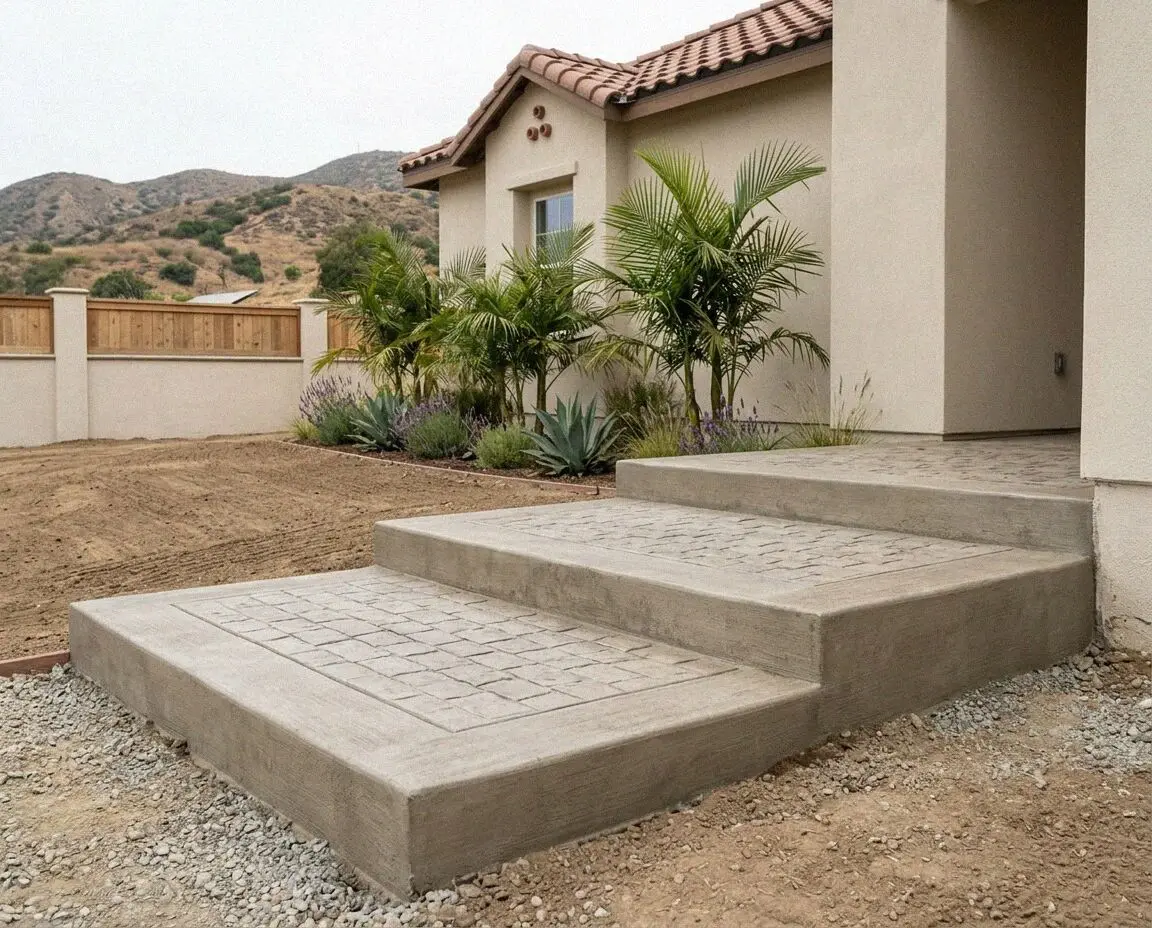 Finished concrete entry steps at a single family bungalow in Pomona