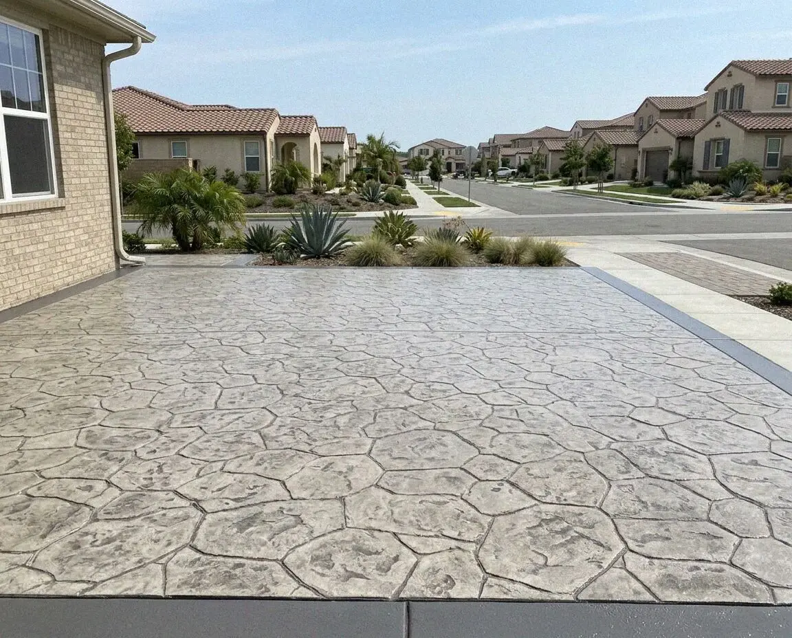 Ashlar slate stamped concrete backyard patio at a Pomona residence